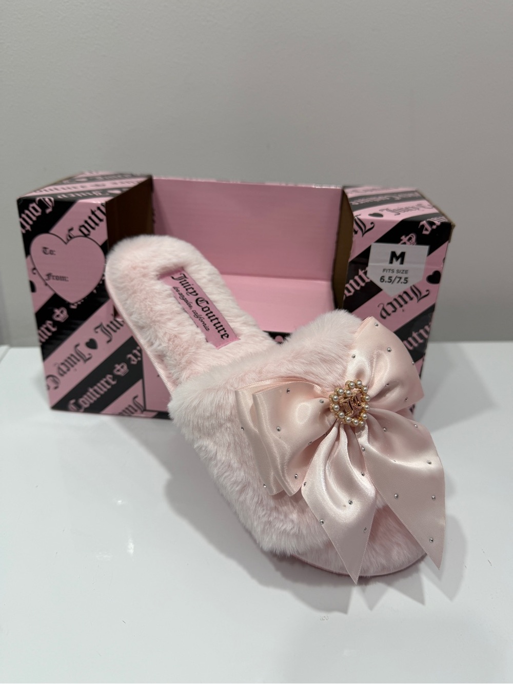 Juicy Couture Light Pink Faux Fur Slippers with Satin Bow and Jewel